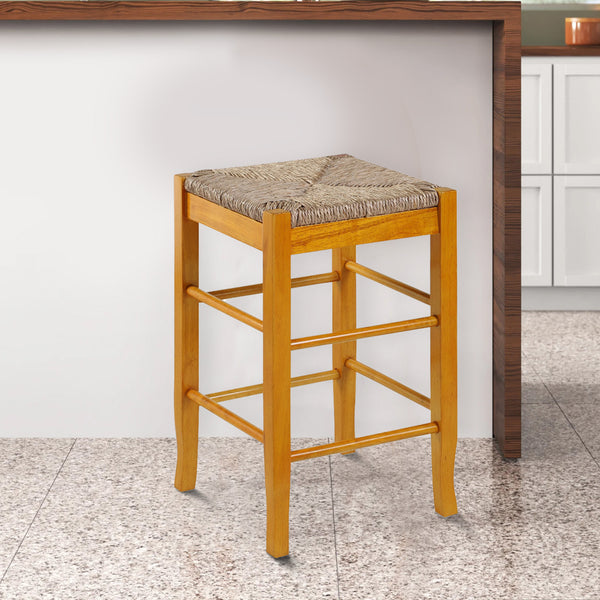 Chris 24 Inch Counter Stool with Wood Frame, Handwoven Rush Seat, Oak Brown - BM274265