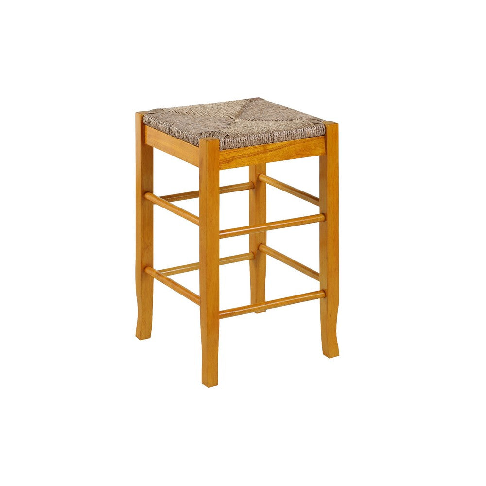 Chris 24 Inch Counter Stool with Wood Frame, Handwoven Rush Seat, Oak Brown - BM274265