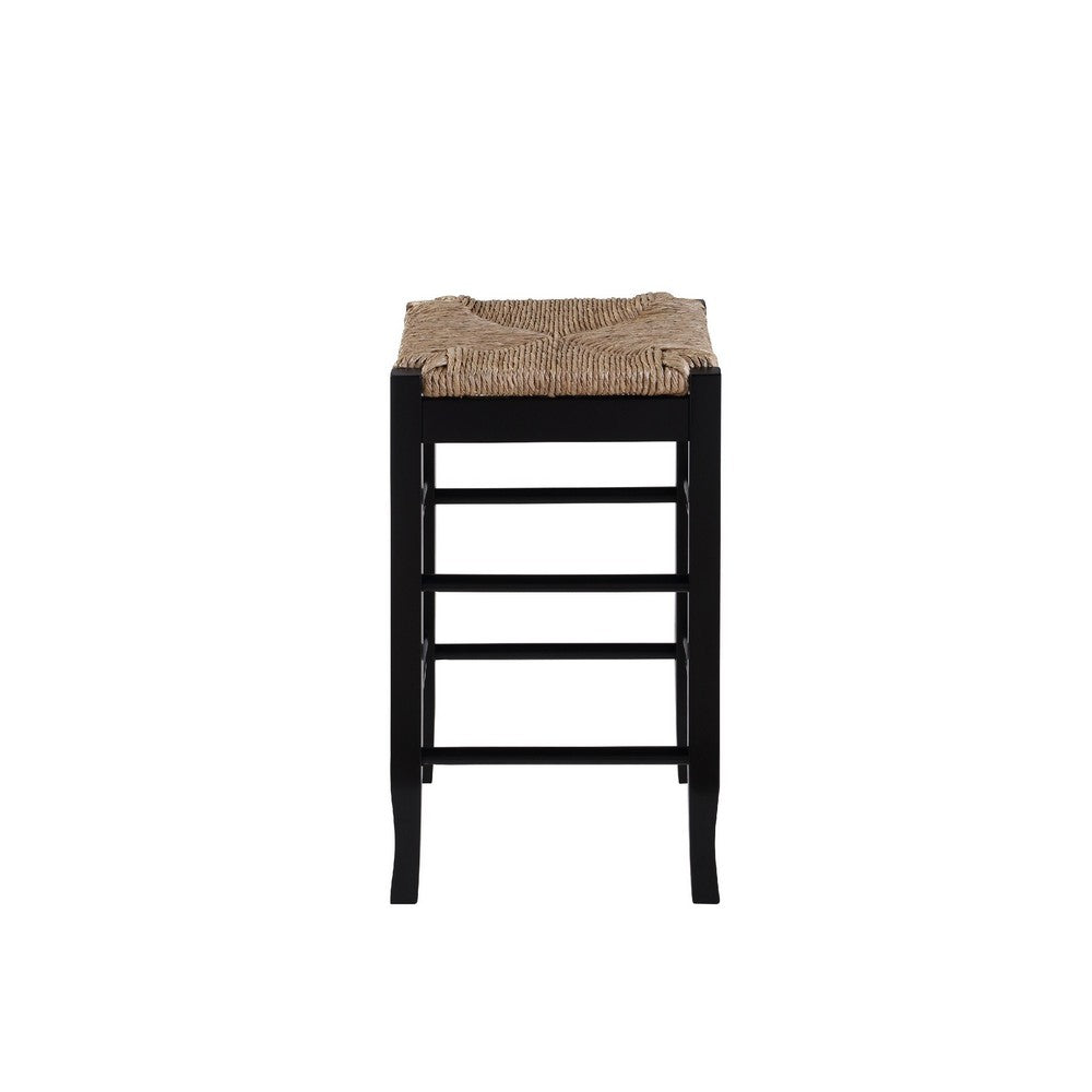 Chris 24 Inch Counter Stool with Wood Frame, Handwoven Rush Seat, Black - BM274267