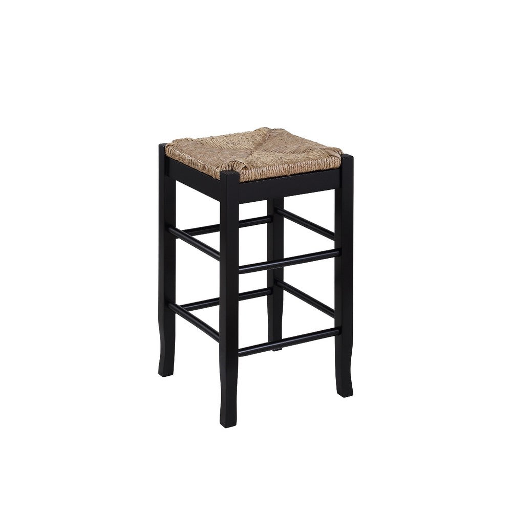 Chris 24 Inch Counter Stool with Wood Frame, Handwoven Rush Seat, Black - BM274267