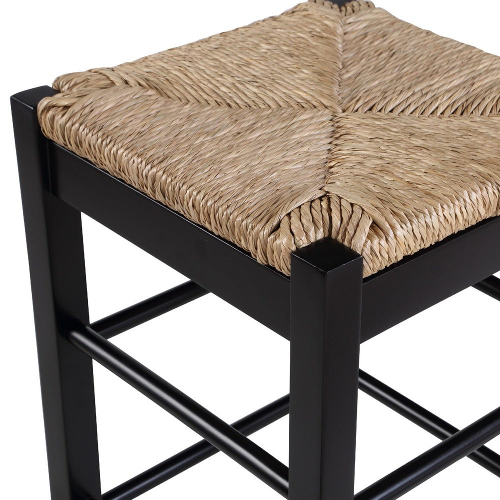 Chris 24 Inch Counter Stool with Wood Frame, Handwoven Rush Seat, Black - BM274267