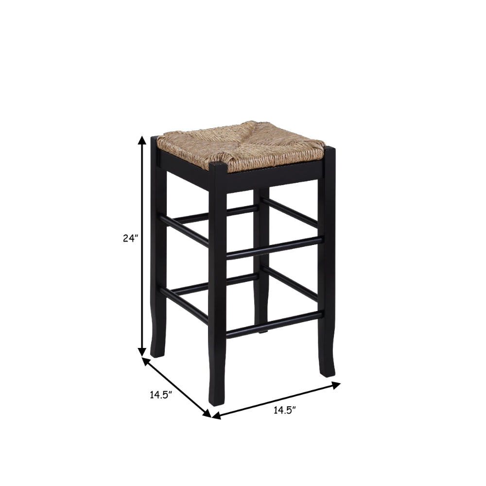 Chris 24 Inch Counter Stool with Wood Frame, Handwoven Rush Seat, Black - BM274267