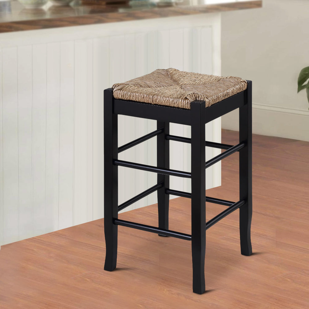 Chris 24 Inch Counter Stool with Wood Frame, Handwoven Rush Seat, Black - BM274267