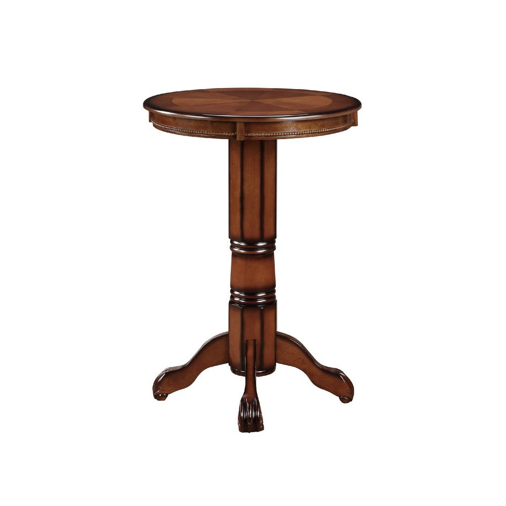 Ava 42 Inch Wood Pub Bar Table, Sunburst Design, Carved Pedestal, Brown - BM274271