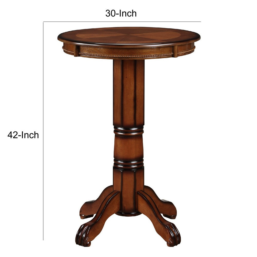 Ava 42 Inch Wood Pub Bar Table, Sunburst Design, Carved Pedestal, Brown - BM274271