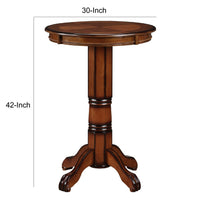 Ava 42 Inch Wood Pub Bar Table, Sunburst Design, Carved Pedestal, Brown - BM274271