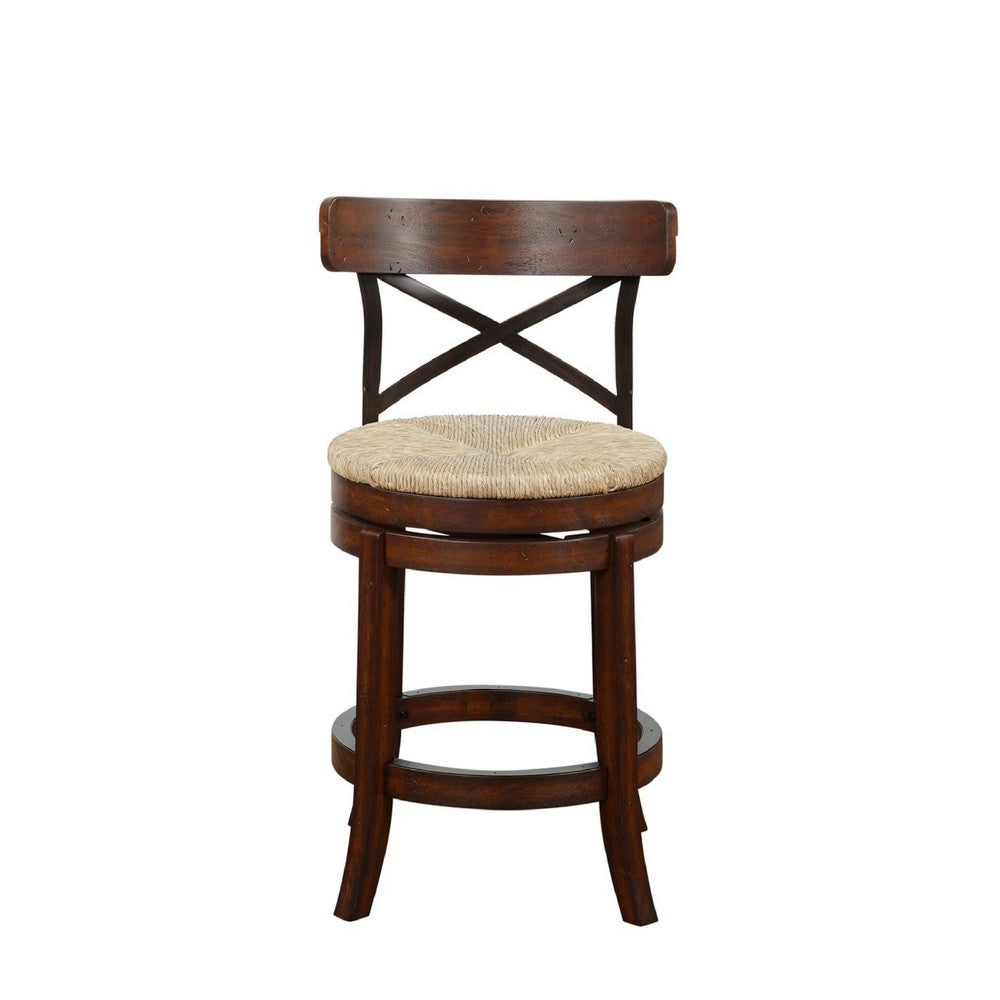 Mia 24 Inch Swivel Counter Stool, Crossed Metal Back, Sedge Seat, Brown - BM274286