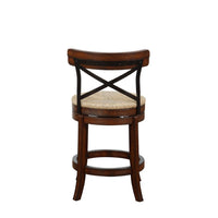 Mia 24 Inch Swivel Counter Stool, Crossed Metal Back, Sedge Seat, Brown - BM274286