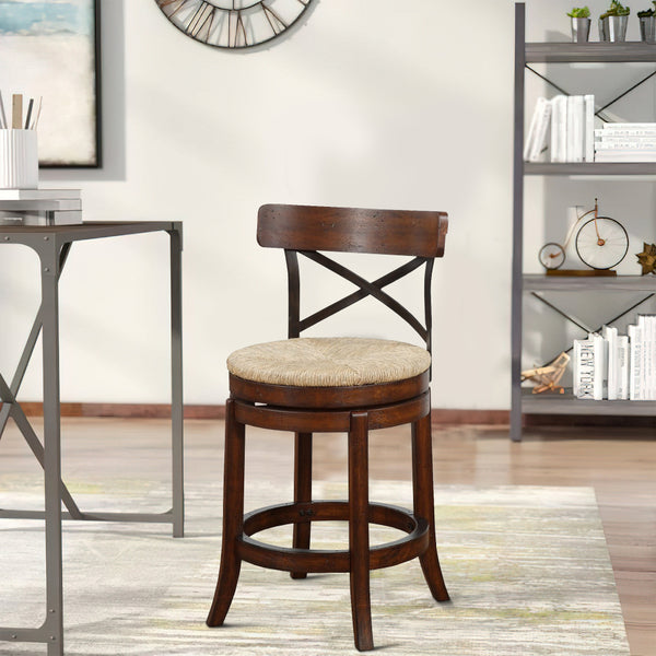 Mia 24 Inch Swivel Counter Stool, Crossed Metal Back, Sedge Seat, Brown - BM274286