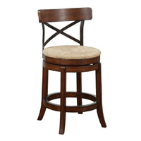 Mia 24 Inch Swivel Counter Stool, Crossed Metal Back, Sedge Seat, Brown - BM274286