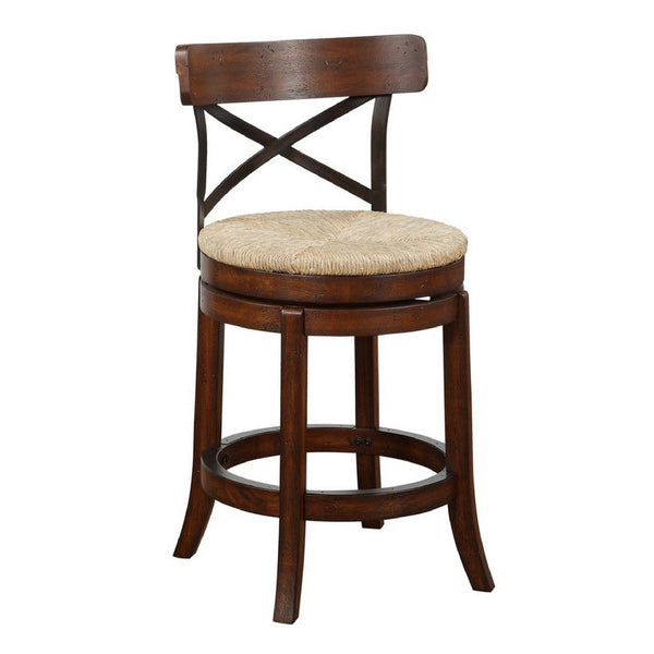 Mia 24 Inch Swivel Counter Stool, Crossed Metal Back, Sedge Seat, Brown - BM274286