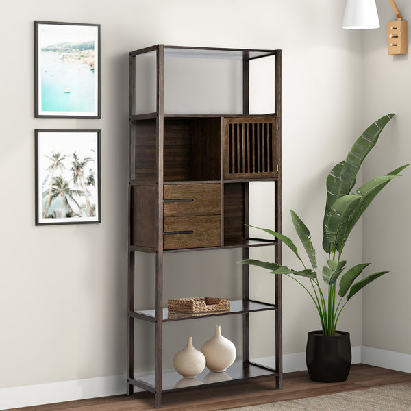 Axa 68 Inch Bamboo Shelf Bookcase with Cabinet, Right Facing, Dark Brown - BM274297