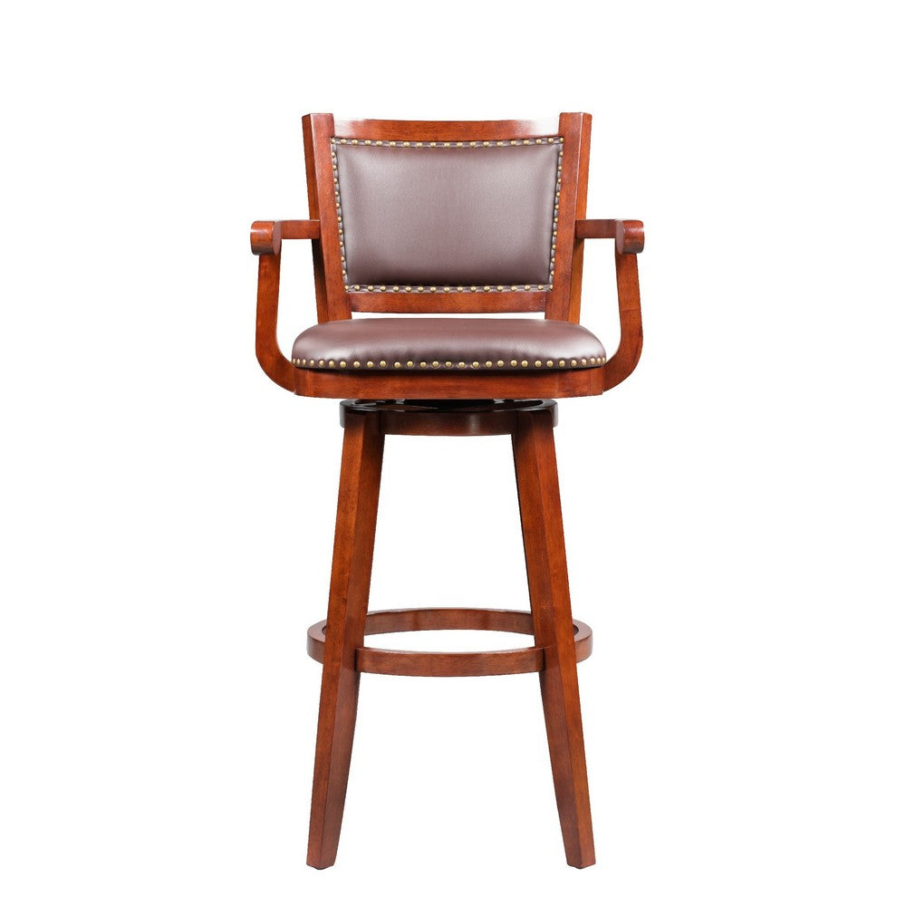 Hugo 34 Inch Swivel Barstool, Wood, Open Rolled Arms, Bonded Leather, Brown - BM274302