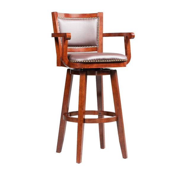 Hugo 34 Inch Swivel Barstool, Wood, Open Rolled Arms, Bonded Leather, Brown - BM274302