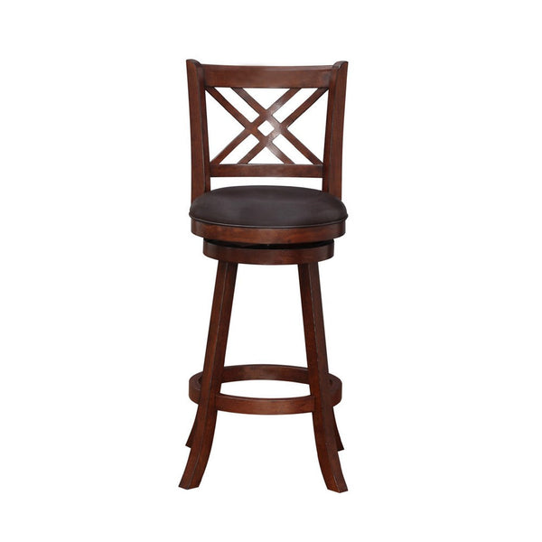 29 Inch Swivel Barstool, Double Cross Back, Wood, Faux Leather, Dark Brown - BM274309