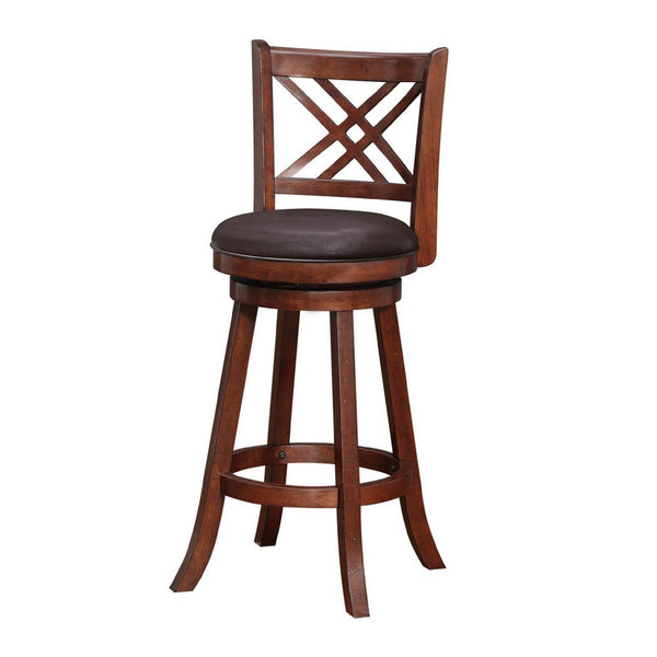 29 Inch Swivel Barstool, Double Cross Back, Wood, Faux Leather, Dark Brown - BM274309