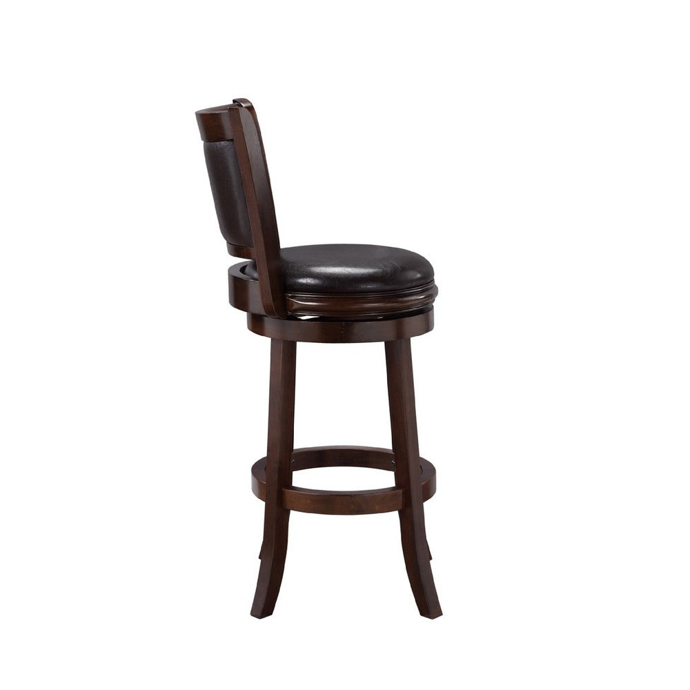 Pal 29 Inch Swivel Bar Stool, Solid Wood, Rich Faux Leather, Espresso Brown - BM274332