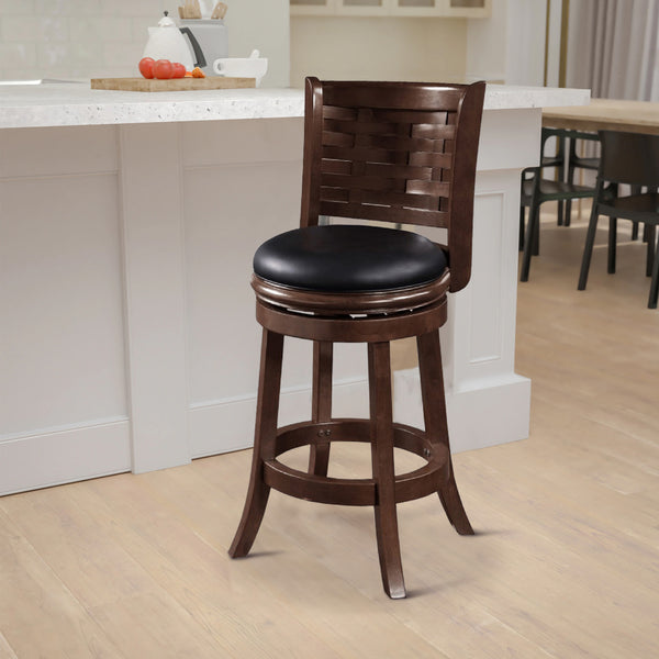 Kim 24 Inch Counter Stool, Solid Wood, Bonded Leather, Espresso, Black - BM274335