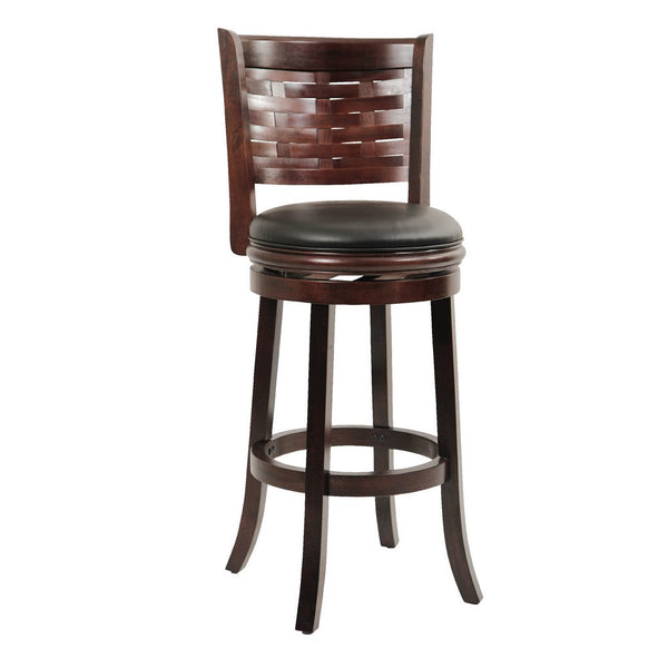 Kim 29 Inch Swivel Bar Stool, Solid Wood, Bonded Leather, Espresso, Black - BM274336