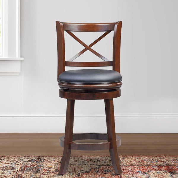 Gia 24 Inch Swivel Counter Stool, Solid Wood, Rich Faux Leather, Brown - BM274339