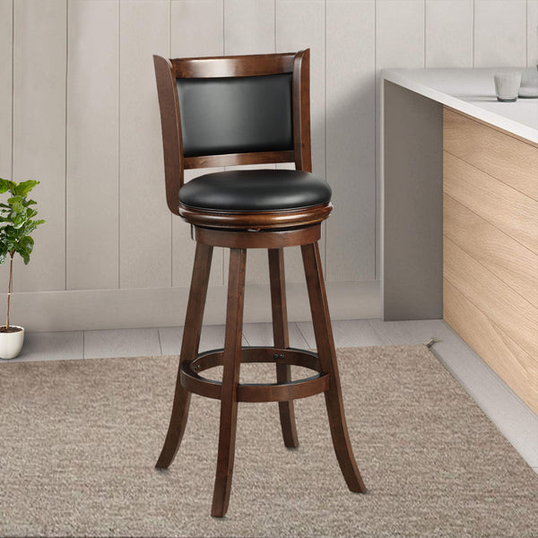 Pio 34 Inch Extra Tall Swivel Bar Stool, Wood, Faux Leather, Espresso Brown - BM274342