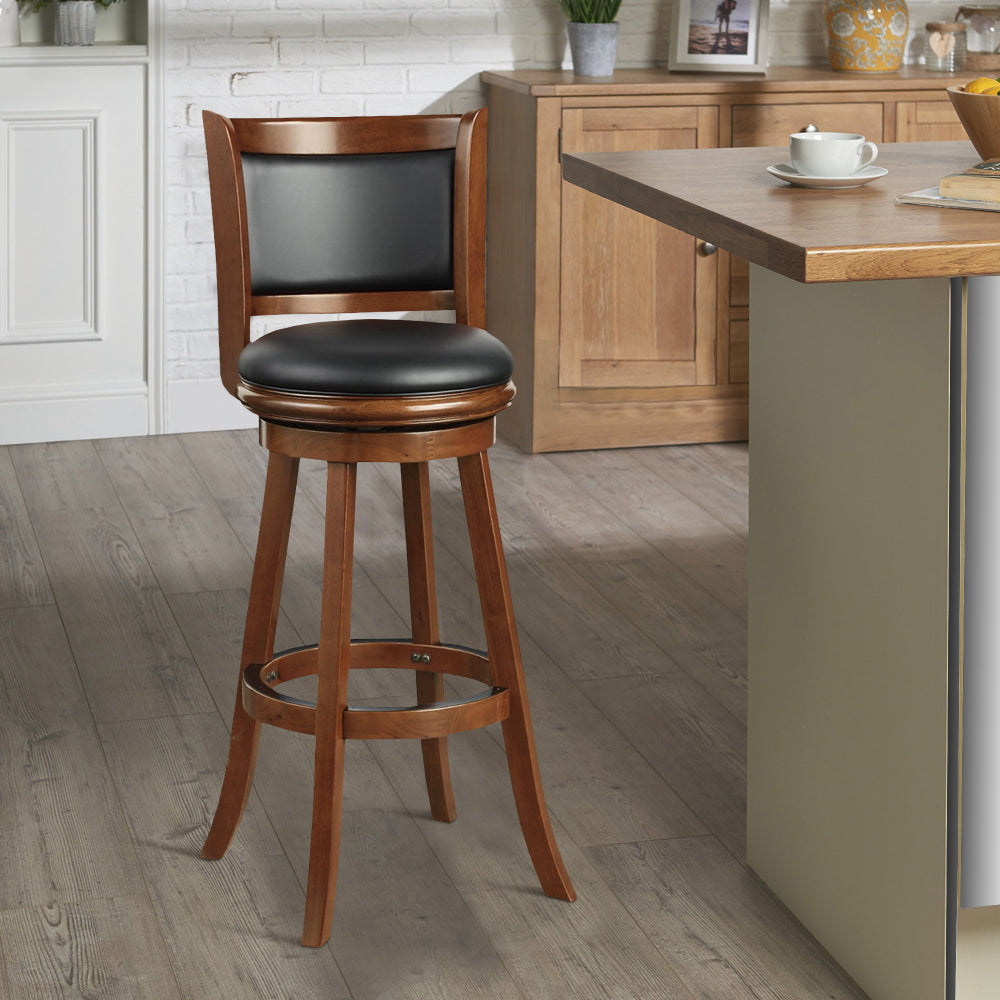 Benjara Pio 34 Inch Extra Tall Swivel Bar Stool, Wood, Faux Leather ...