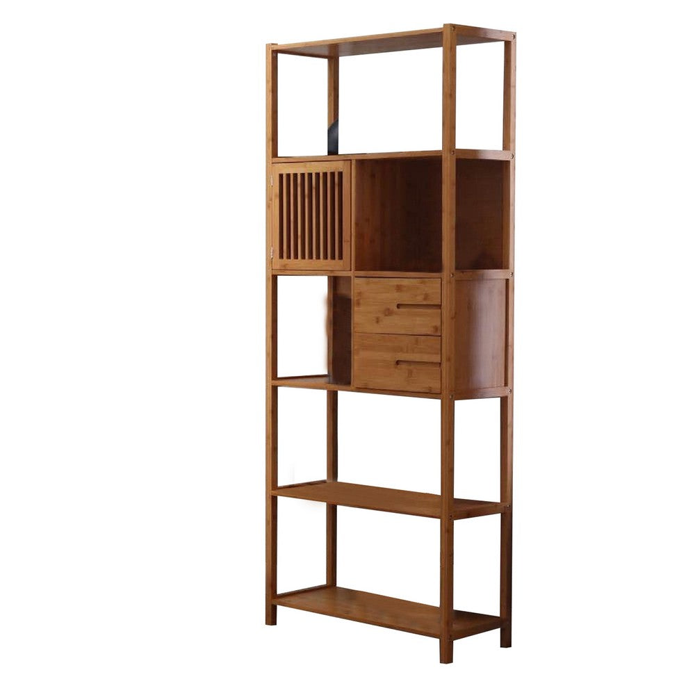 Axa 68 Inch Bamboo Right Facing Open Bookcase, 2 Cubbies, Shelves, Brown - BM274347