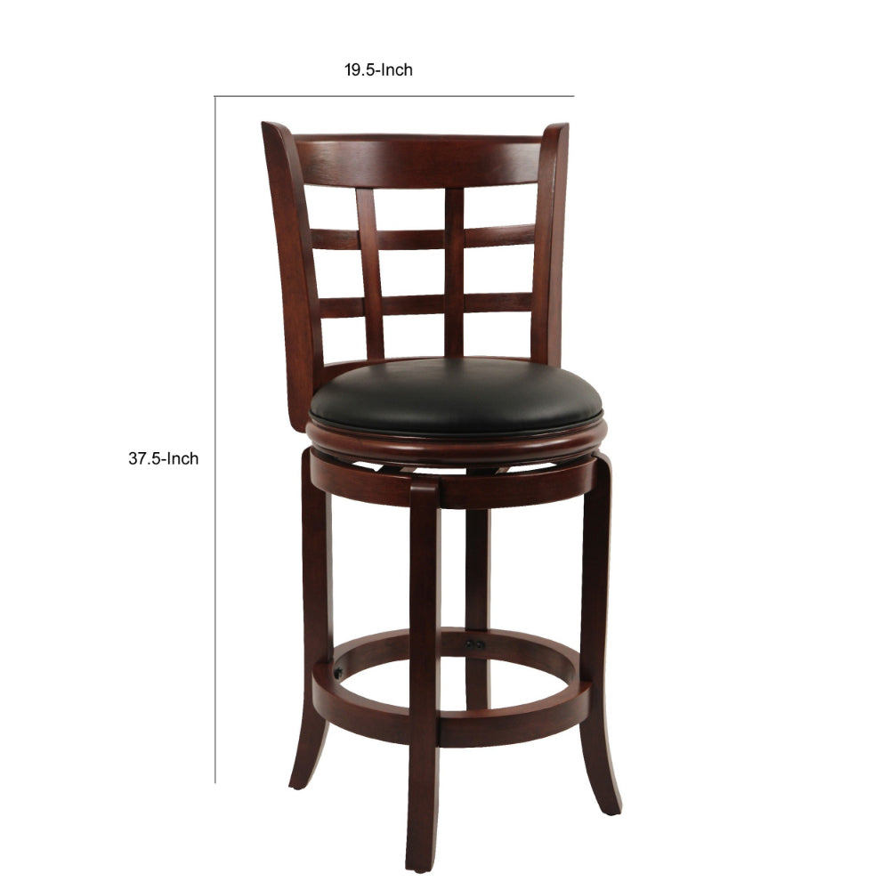Sabi 24 inch Swivel Counter Stool, Solid Wood, Faux Leather, Brown, Black - BM274348