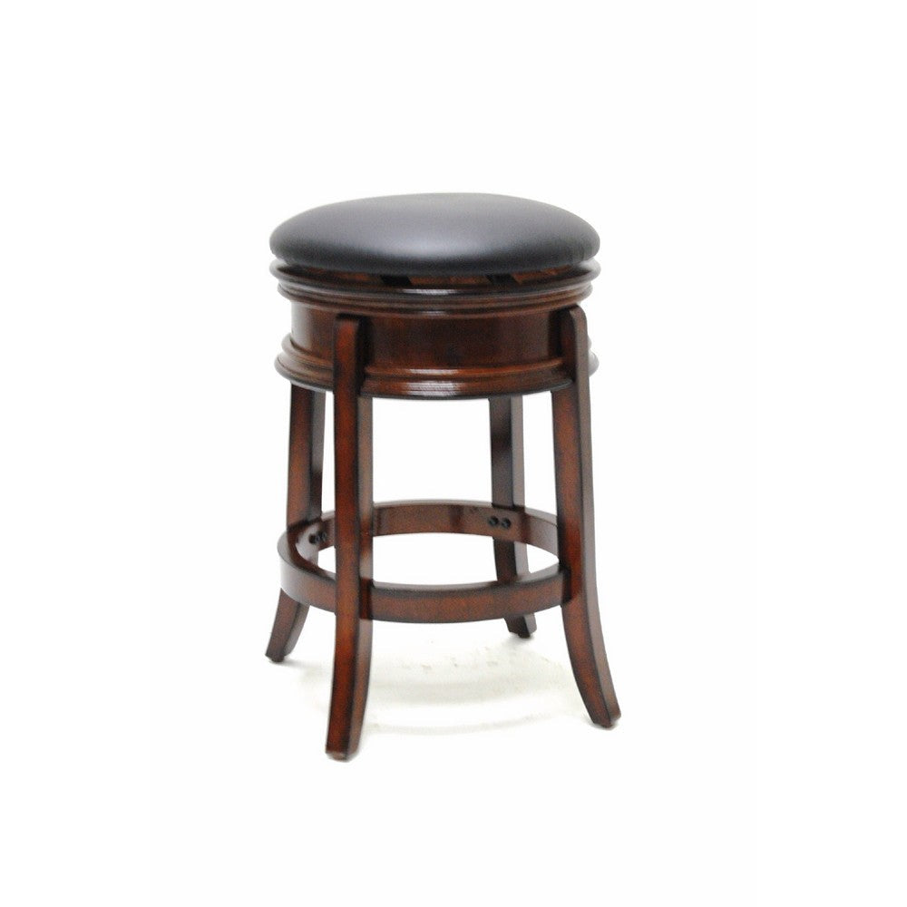 Sabi 24 inch Swivel Counter Stool, Solid Wood, Faux Leather, Brown, Black - BM274355