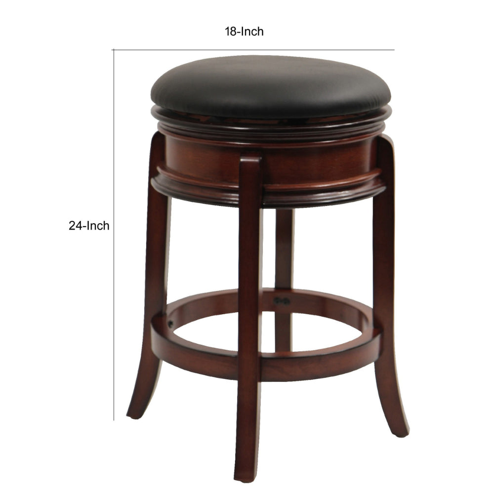 Sabi 24 inch Swivel Counter Stool, Solid Wood, Faux Leather, Brown, Black - BM274355