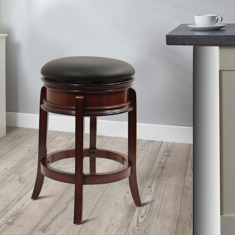 Sabi 24 inch Swivel Counter Stool, Solid Wood, Faux Leather, Brown, Black - BM274355