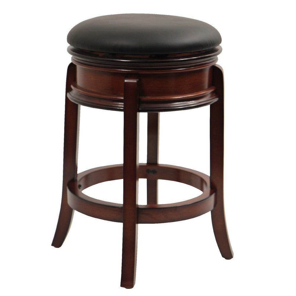 Sabi 24 inch Swivel Counter Stool, Solid Wood, Faux Leather, Brown, Black - BM274355