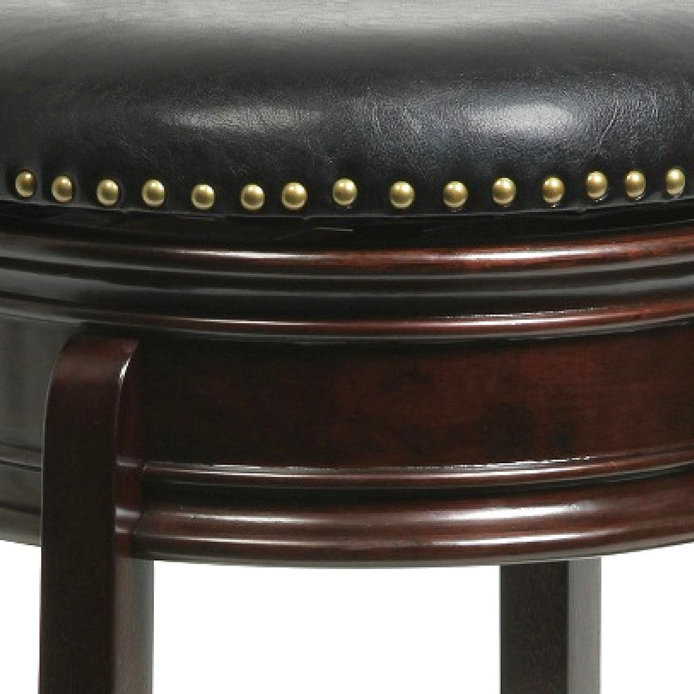 Sabi 24 inch Swivel Counter Stool, Solid Wood, Faux Leather, Brown, Black - BM274361