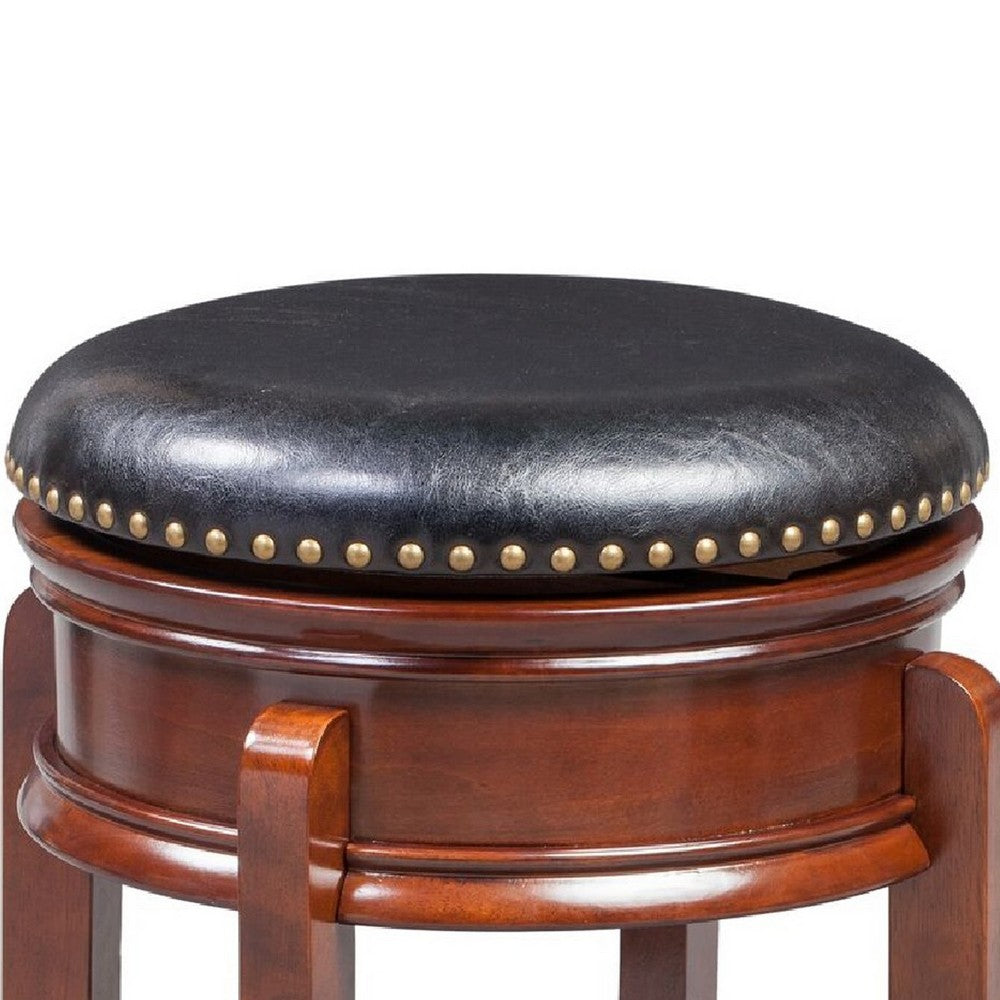 Sabi 24 inch Swivel Counter Stool, Solid Wood, Faux Leather, Brown, Black - BM274363