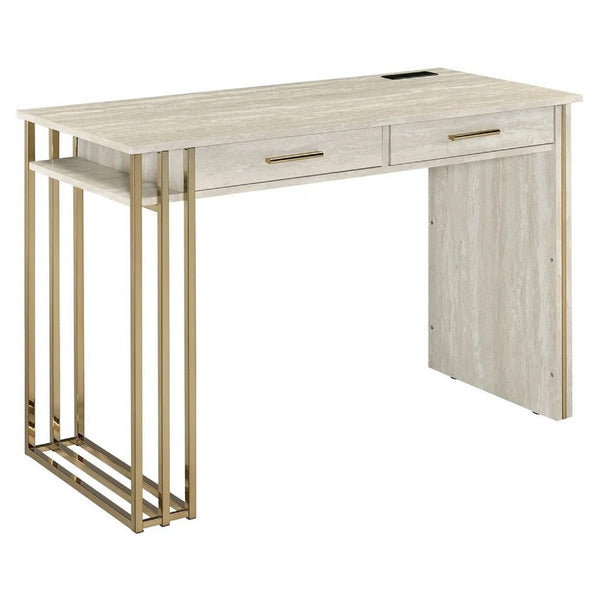 42 Inch Desk Console Table, 2 Drawers, Metal Base, Oak White, Gold - BM274607