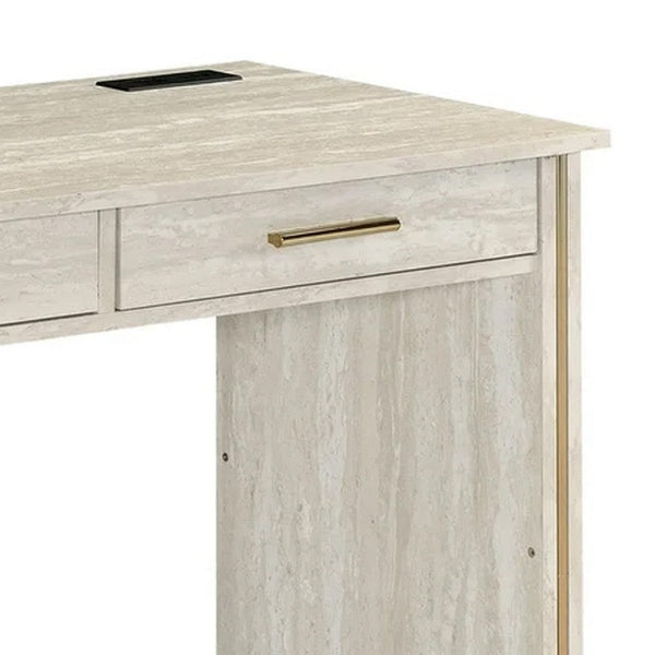 42 Inch Desk Console Table, 2 Drawers, Metal Base, Oak White, Gold - BM274607