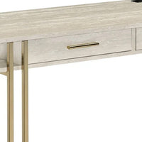 42 Inch Desk Console Table, 2 Drawers, Metal Base, Oak White, Gold - BM274607