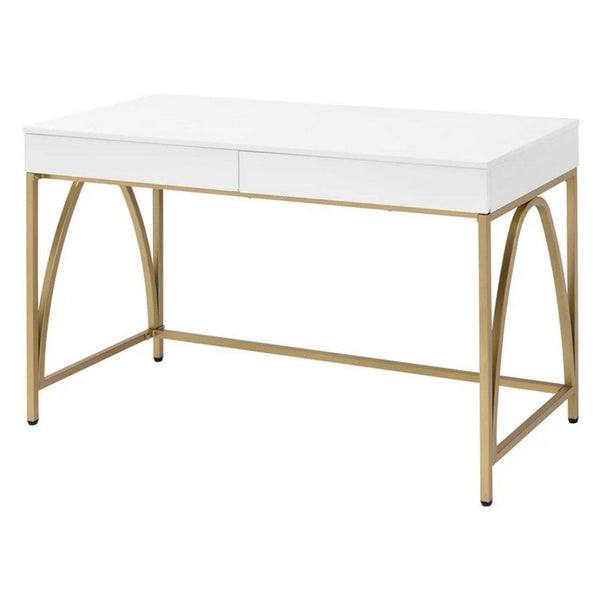 50 Inch Desk Console Table, 2 Drawers, Metal Inverted U Frame, White, Gold - BM274609
