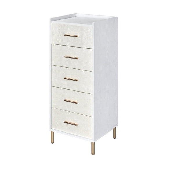 San 45 Inch 5 Drawer Jewelry Storage Chest, Gold Metal Legs, White and Gold - BM274616
