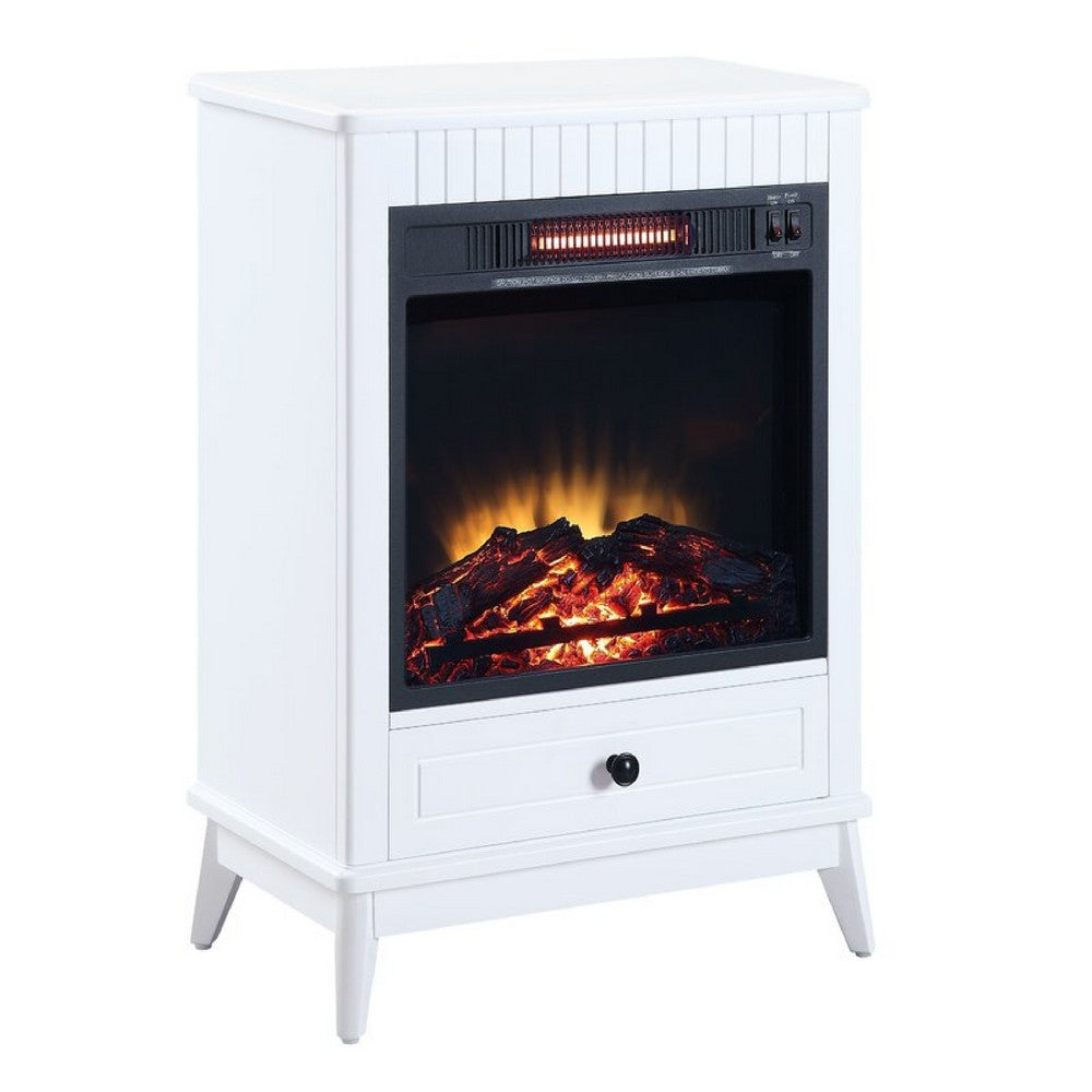 Etu 32 Inch Wood End Table with LED Electric Fireplace, 1 Drawer, White - BM274625