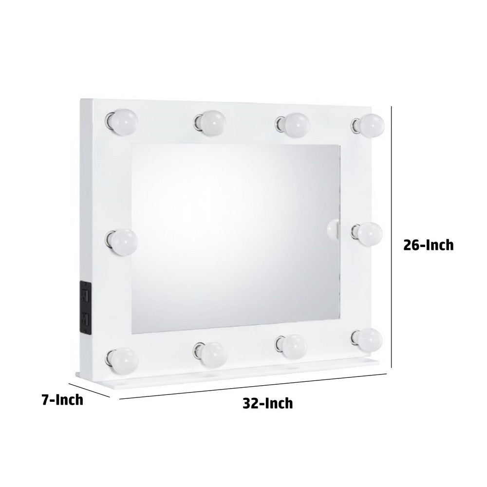 32 Inch Modern Lighted Mirror, 2 Power Outlets, 10 Bulb Sockets, White - BM274648