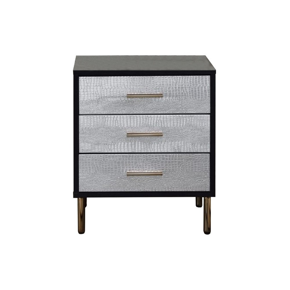 San 19 Inch Glamorous Style Nightstand, 3 Drawers, Black, Silver, Gold - BM274661