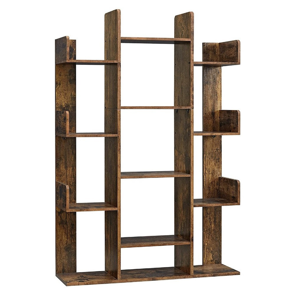 Grace 55 Inch Wood Tree Branch Bookcase, 13 Compartments, Rustic Brown - BM274773