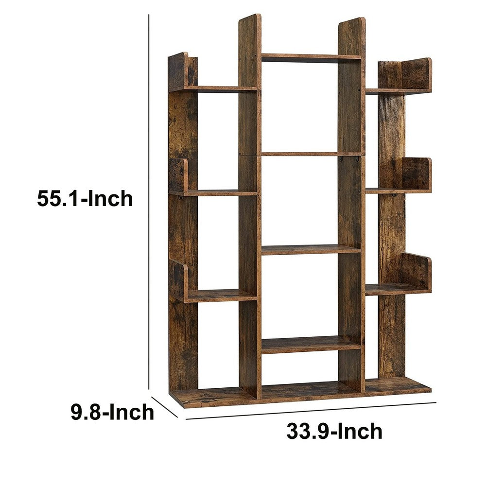 Grace 55 Inch Wood Tree Branch Bookcase, 13 Compartments, Rustic Brown - BM274773