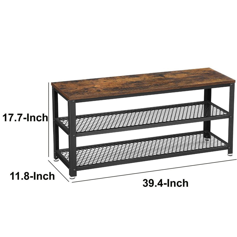 Grace 39 Inch Wood Shoe Bench and Rack, 2 Mesh Design Metal Shelves, Brown - BM274775
