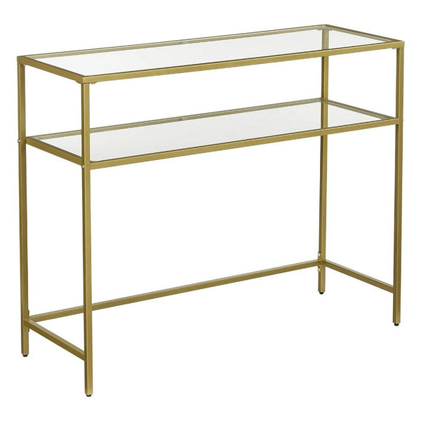 Kin 39 Inch Sofa Console Table, Metal Frame, Tempered Glass Shelves, Gold - BM274786