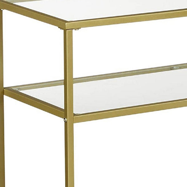 Kin 39 Inch Sofa Console Table, Metal Frame, Tempered Glass Shelves, Gold - BM274786