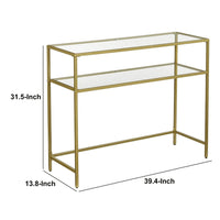 Kin 39 Inch Sofa Console Table, Metal Frame, Tempered Glass Shelves, Gold - BM274786