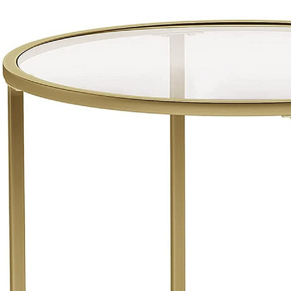 Kin 22 Inch End Table, Round Metal Frame, Tempered Glass Shelf, Gold - BM274787