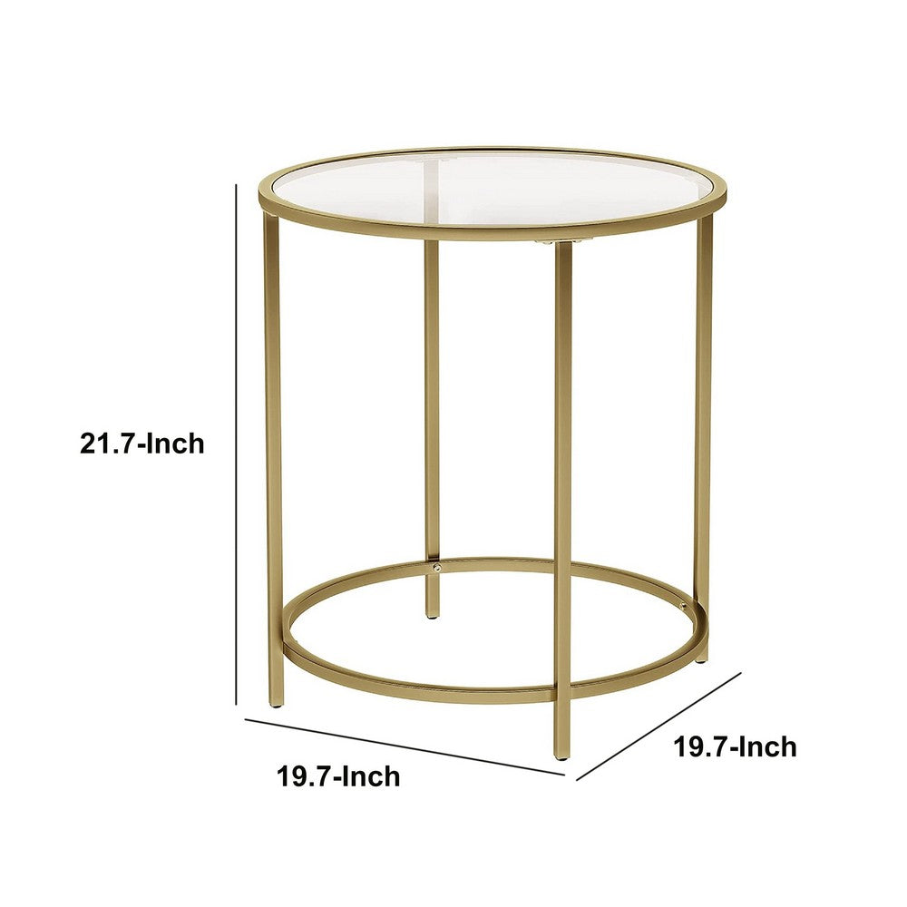 Kin 22 Inch End Table, Round Metal Frame, Tempered Glass Shelf, Gold - BM274787